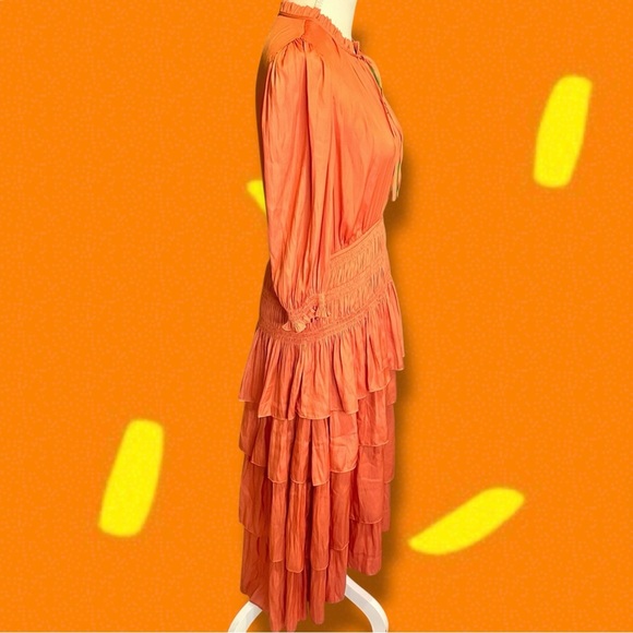 NWT Maje Orange ‘Radjinette’ Tiered Ruffle Satin Midi Dress French Size 42 = XL - Picture 12 of 16